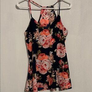 Floral Spaghetti-Strap Tank Top - Navy with Coral Pink Blooms